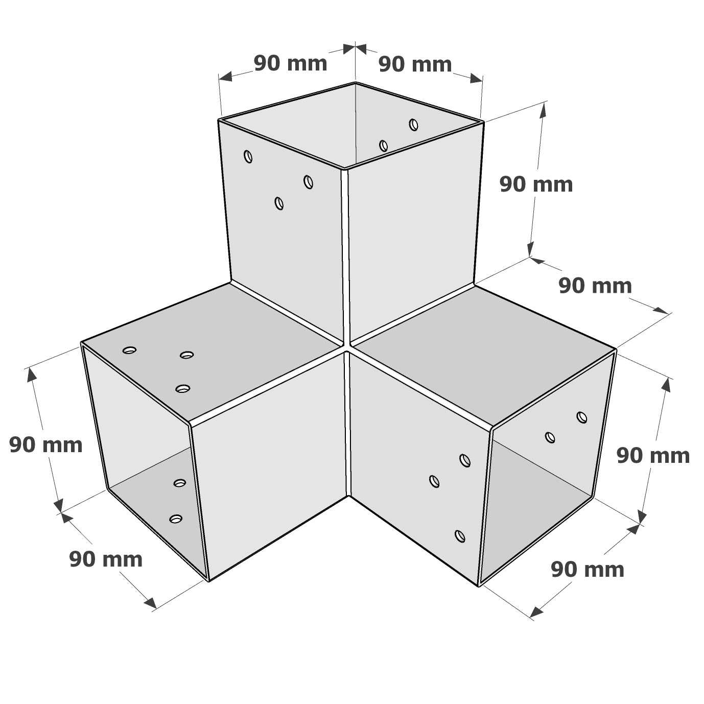 Dimensions du connecteur SUNDIY Blanc RAL 9010 - 90mm à 3 directions - Forme L