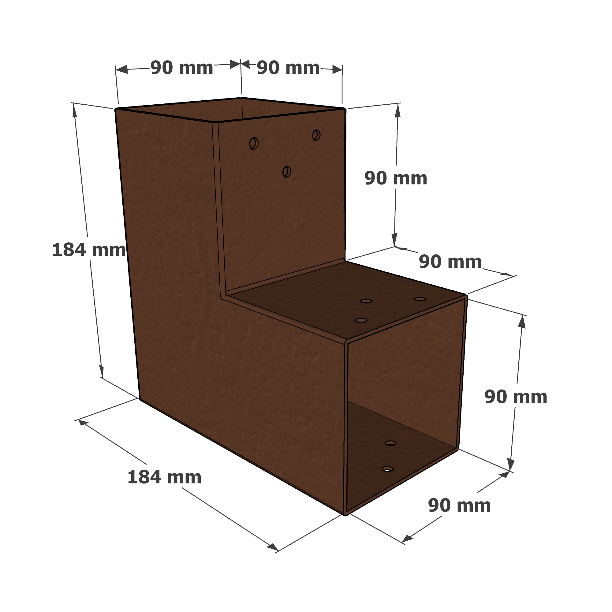 Dimensions du connecteur SUNDIY oxyde de mars RAL8011 - 90 mm, forme en L à 2 directions